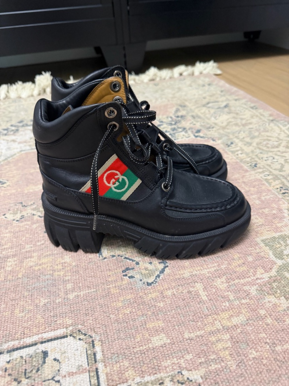 Gucci Black Leather Trekking Ankle Boots with Red & Green Web